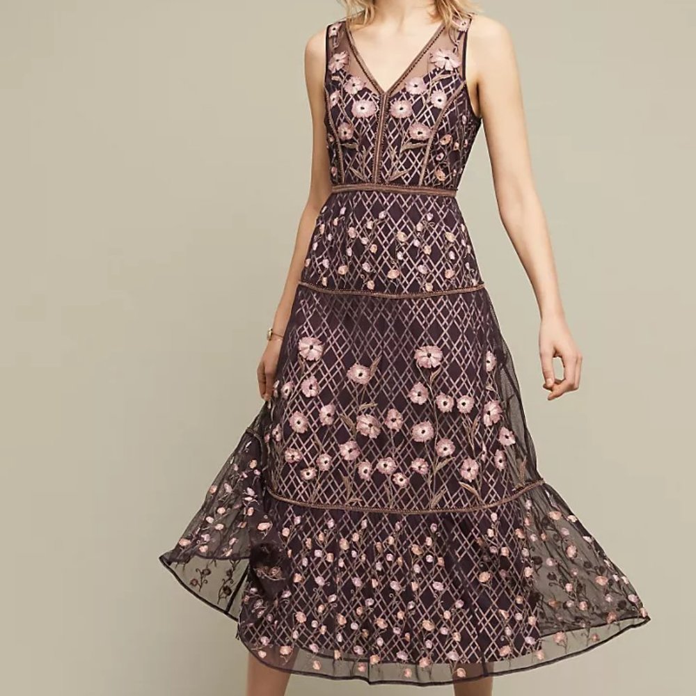 Purple Moulinette Soeurs Tansey Tulle midi dress from Anthropologie, Size 8